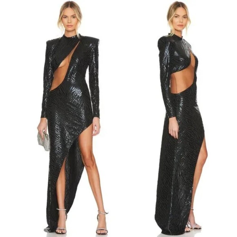 NEW Bronx and Banco Ricky Zebra Gown in Black mesh sheer cutout long sleeve - Picture 7 of 11